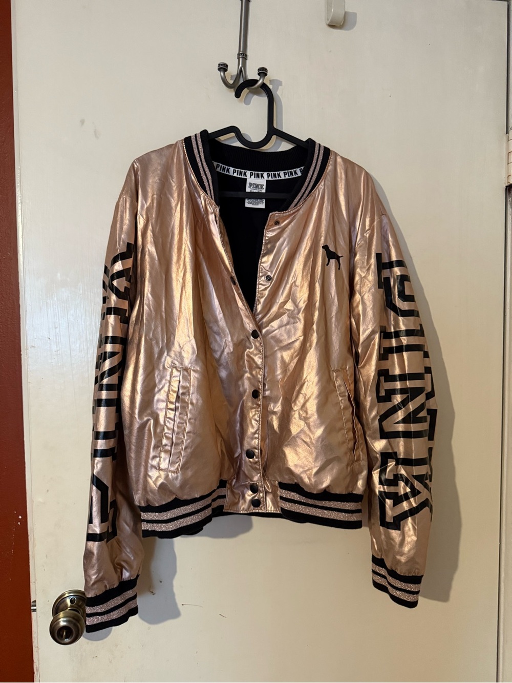 Victoria's Secret PINK Metallic Rose Gold Bomber Jacket with Black Trim